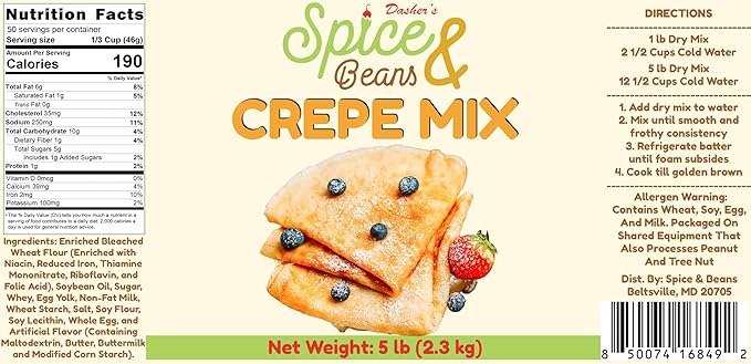 Classic Crepe Flour Mix By Dasher's Spice &amp Beans | Easy Crepe Mix | 5 lb