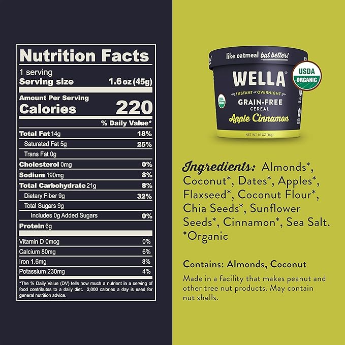 Wella Cereal Oatmeal Alternative Gluten-Free Breakfast Hot Cereal Grain-Free Paleo Organic Vegan High Protein Superfood Plant-Based Non-GMO Low in Net Carbs Single-Serve Cups Apple Cinnamon Flav
