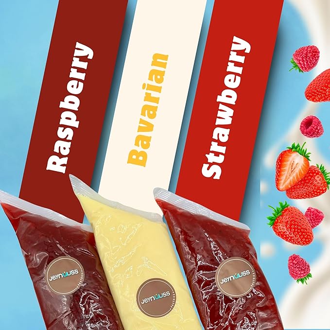 Jeynuuss Pastry Filling 3-Pack 2 Pounds Bags Raspberry Filling for Cakes Strawberry Filling for Cakes Bavarian Cream Filling Strawberry Pie Filling Raspberry Pie Filling Cheesecake Filling Cake Filli