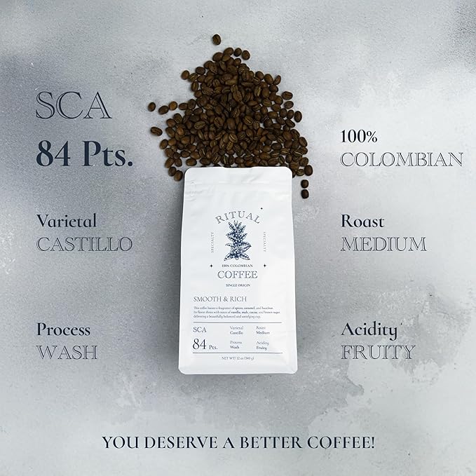 Ritual Specialty Coffee - Colombian Single Origin Whole Bean Coffee Low Acid Smooth &amp Rich SCA 84+ Score (Caramel Vanilla Cocoa) Medium Roast 12oz (340g) 100% Arabica Castillo Variety.