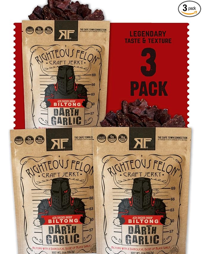 Righteous Felon Air Dried Biltong Beef Snack | KETO and PALEO | Gluten Free + High Protein | Hormone Free All Natural Biltong with No Artificial Flavors Antibiotics or Preservatives - 3 Pack