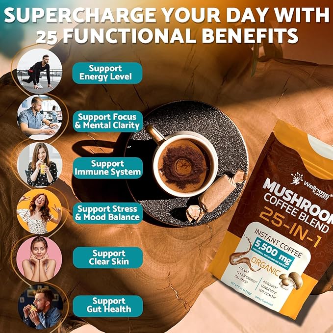 Mushroom Coffee Organic Instant Coffee 25-in-1 Third-Party Tested Keto Friendly Lions Mane Supplement with Functional Mushrooms – Shiitake Reishi Lion’s Mane &amp More | Smooth Rich Flavor - 90