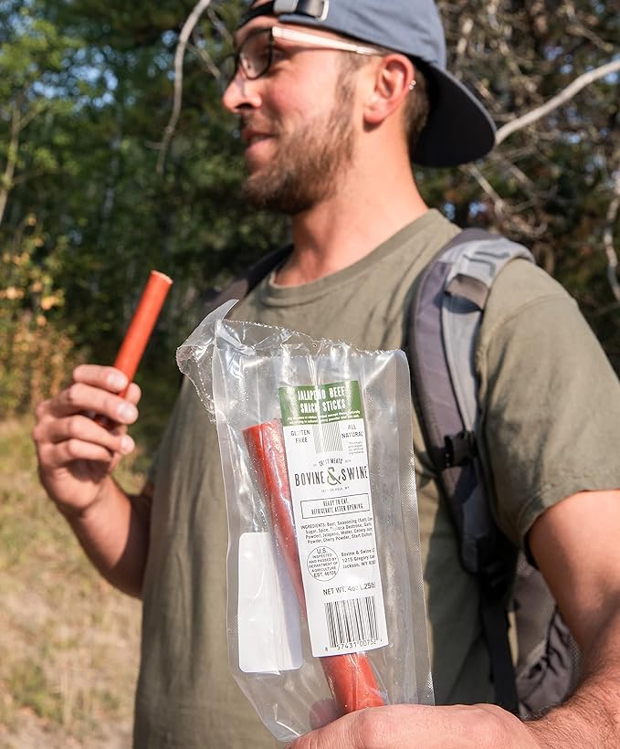 Bovine &amp Swine All-Natural Gourmet Craft Beef Snack Sticks | 10 Packs of 2 | Wyoming Jerky Sticks High Protein Individually Wrapped | Camping &amp Hiking Snacks | Clean Ingredients | Jalapeño B