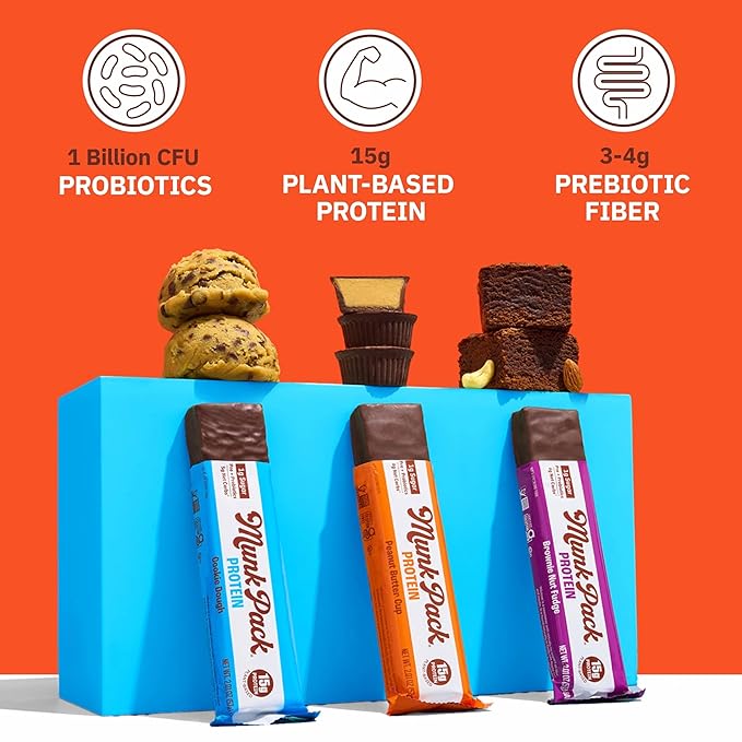 Munk Pack Variety Pack Probiotic Protein Bars | 15g Protein 1g Sugar 5g Net Carbs | Plant-Based High Protein Low Sugar Gut Health Snacks | 12 Pack