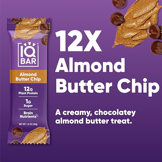 IQBAR Clean Plant Protein Bars - Almond Butter Chip - 12 Count - Keto Vegan High Fiber Gluten and Dairy Free Low Sugar Snack - Brain and Body Nutrients for Focus Energy Meal Replacement