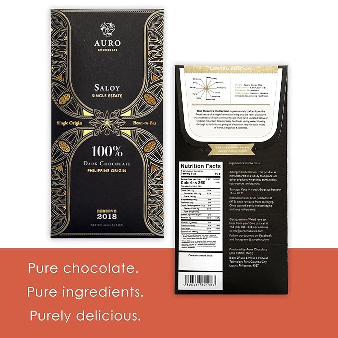 Auro Reserve Saloy 100% Dark Chocolate 5 Pack - Filipino Chocolate - Premium Made At Origin Direct Trade Bean-to-Bar Woman Owned BIPOC Owned - Vegan Gluten-Free - Bundle