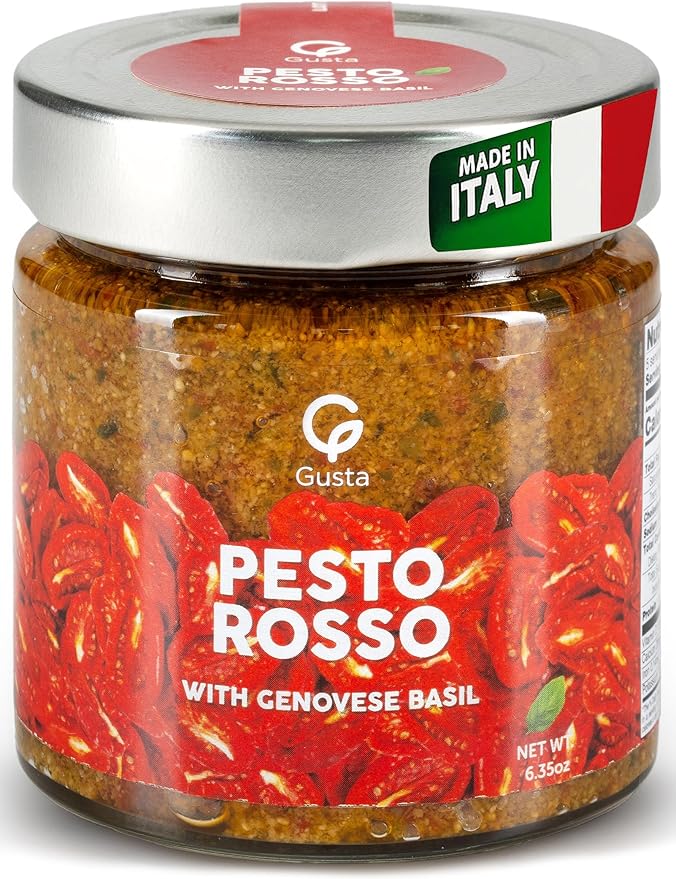 Authentic Italian Imported Sun-Dried Tomato Red Pesto Sauce - All-Natural Creamy Gourmet Spread - Made with Basil Extra Virgin Olive Oil &amp Herbs - 180g Jar