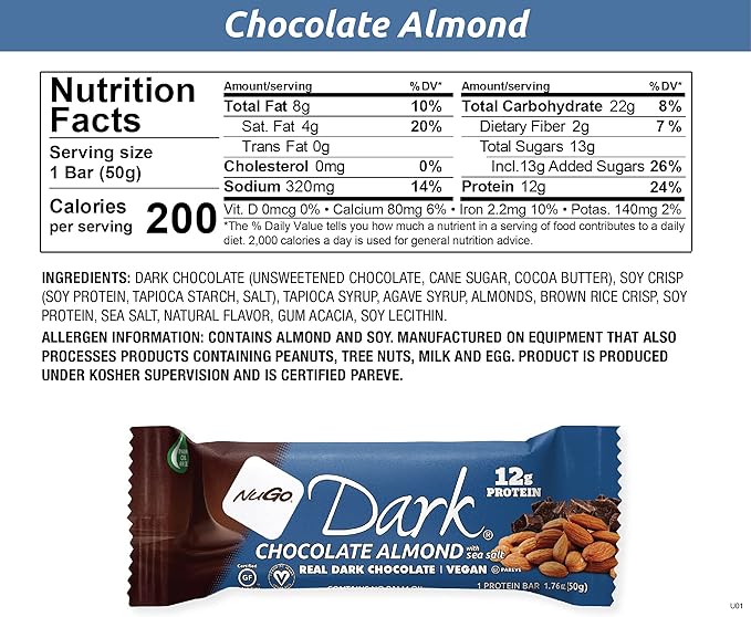 NuGo Dark Chocolate Almond with Sea Salt 12g Protein Bar Vegan Gluten Free Non-GMO Kosher Pareve 24 Count