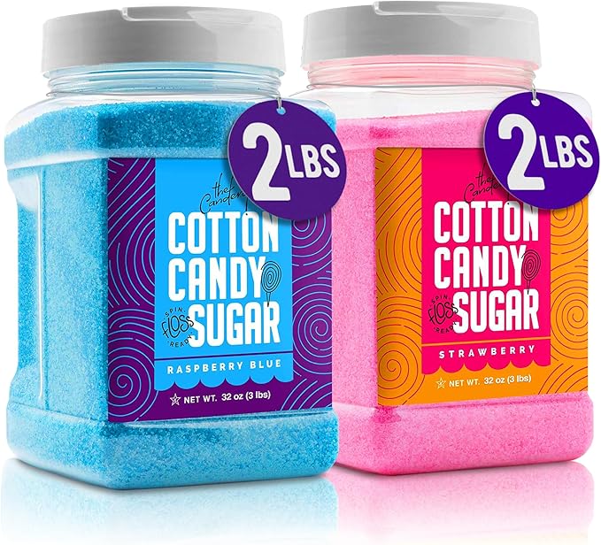 The Candery Cotton Candy Floss Sugar 32oz (2-Pack) Includes | Raspberry Blue and Strawberry | Plastic Reusable Jars | Easy Pour Spout or Scoop | 2 LBS Jars