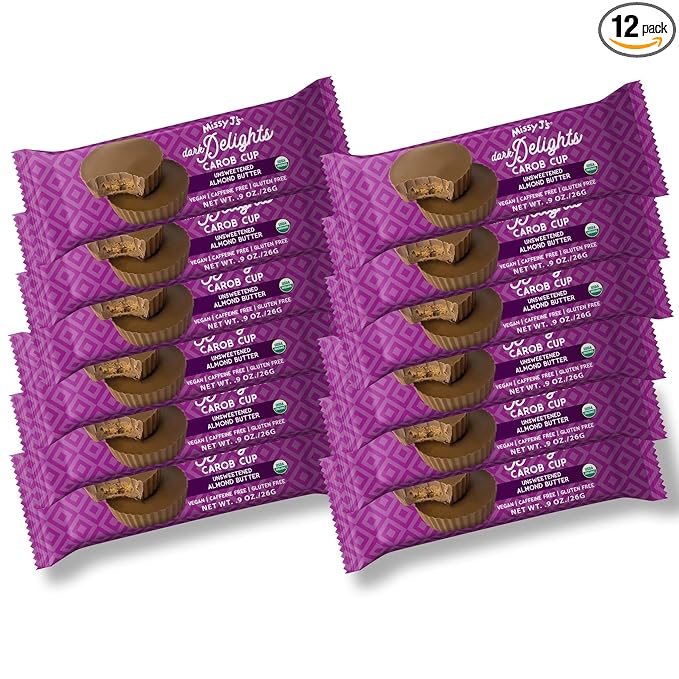 Missy J's Organic Carob Dark Delights Unsweetened Almond Cups 0.9 Oz 12 Pack | Vegan and Gluten-Free Healthy Caffeine Free Substitute for Chocolate Perfect for Snacks and Treats