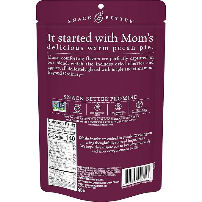 Sahale Snacks Maple Pecans Glazed Mix 4 oz Pouches (6 Packs) Dry-Roasted Deluxe Mixed Nuts with Cherries Apples Maple and Cinnamon - Non-GMO Kosher and Certified Gluten-Free Snacks