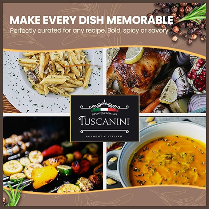 Tuscanini Premium Spice Grinder Variety Pack 6 Pack | Freshly Ground Seasonings | Product of Italy | Black Pepper Peppercorn Italian Medley Chili Flakes Garlic Flakes and Chili &amp Garlic Blen