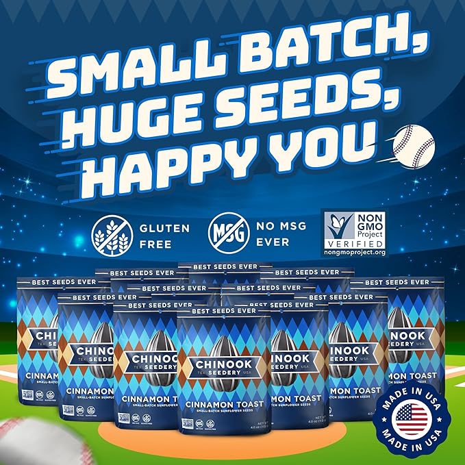 Chinook Seedery Sunflower Seeds to Eat — Jumbo Flavored Roasted Low Sodium Snacks — Keto Friendly Gluten-Free Non-GMO — Cinnamon Toast Flavor 4 oz (12-Pack)