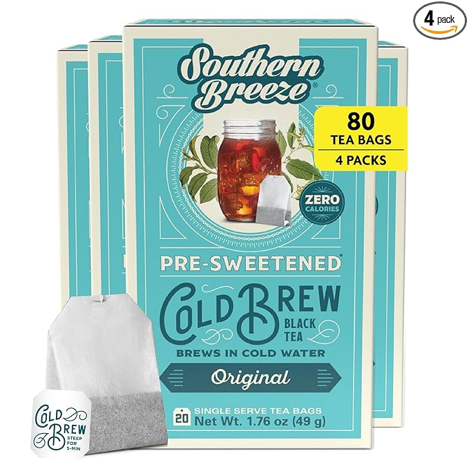 Southern Breeze Cold Brew Sweet Tea Original Iced Tea with Black Tea and Zero Carbs Zero Sugar 20 Individually Wrapped Tea Bags Pack of 4