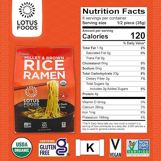 Lotus Foods Organic Millet &amp Brown Rice Ramen - Gluten Free Ramen Noodles Whole Grain Ramen Noodles Organic Vegan Ramen Low Sodium Rice Noodles Organic Gluten-Free Vegan - 10 Oz Bags (Pack O