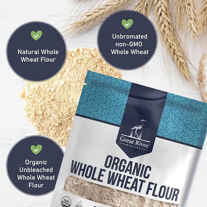 Great River Milling Organic Whole Wheat Flour | Unbleached &amp Unbromated | High Protein &amp Fiber | Non-GMO Kosher | Perfect for Sourdough Bread Rolls &amp Baking | 5 Lb