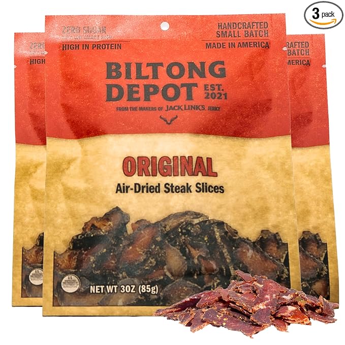 Biltong Depot Original Lean Biltong Slices Bundle - 3oz (3 Pack) | Air-Dried Beef Jerky Snack | High Protein | Zero Sugar | Keto &amp Paleo Friendly | Gluten Free | No Artificial Preservatives | No M