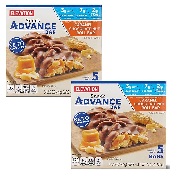 Elevation Caramel Chocolate Nut Roll Bar Snack Advance Bar Keto Support 7.76oz 220g (Two Boxes)