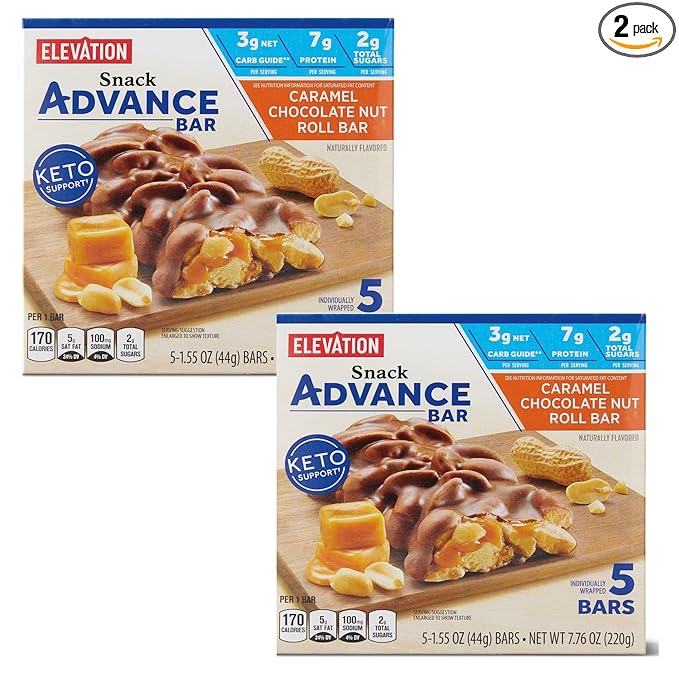 Elevation Caramel Chocolate Nut Roll Bar Snack Advance Bar Keto Support 7.76oz 220g (Two Boxes)