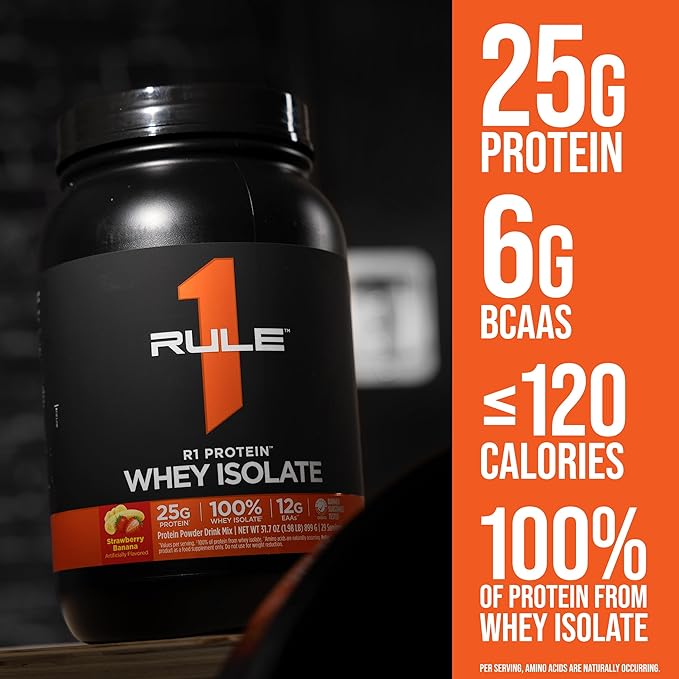 Rule 1 Proteins R1 Protein Whey Isolate - with 25g Protein &amp 6g BCAA Exclusively from Isolated &amp Hydrolyzed Sources for Workout Recovery (2 Pounds Strawberries &amp Crème)