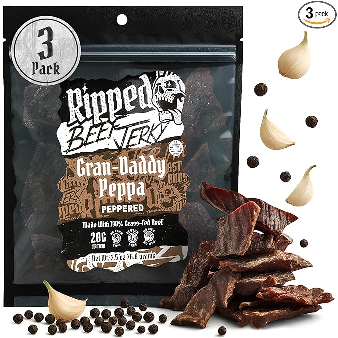 Ripped Beef Jerky - 100% Grass Fed Beef 20g Protein Real Ingredients Gluten Free No MSG Made in USA (Pack of 3 Peppered)