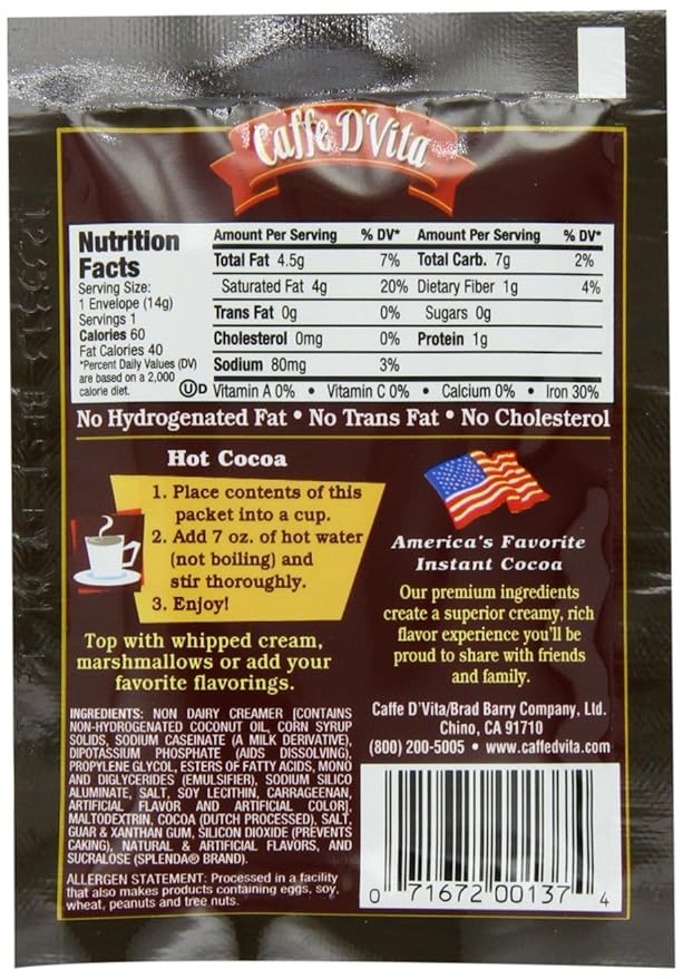 (24 Pack) Caffe D'Vita Sugar Free Hot Cocoa Mix - Gluten Free Low Fat No Cholesterol No Hydrogenated Oils No Trans Fat Kosher - 0.5 oz each
