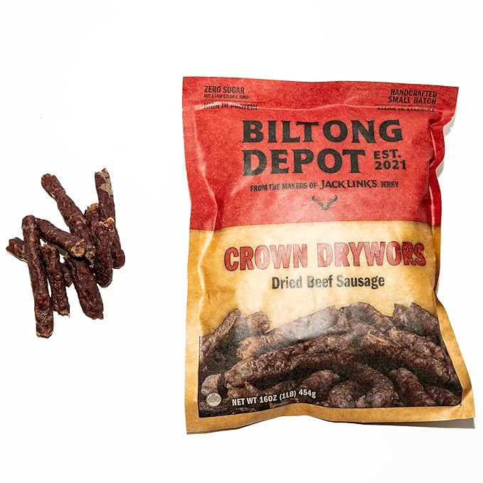 Biltong Depot Crown Drywors - 1lb (16oz) | Air-Dried Beef Snack Sticks | High Protein | Paleo and Keto Friendly | Zero Sugar | Gluten Free | No Nitrates | South African Droewers