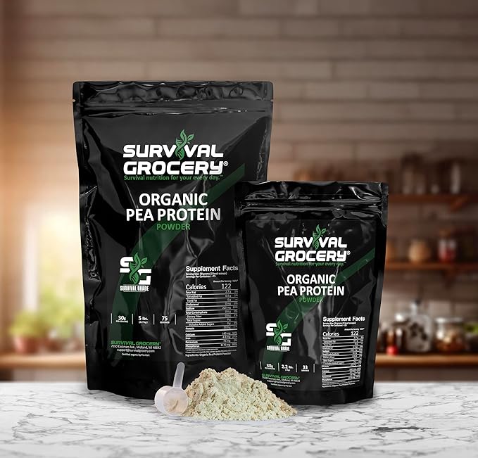Survival Grocery® Organic Pea Protein - Organic Non-GMO North American Grown &amp Produced Gluten Free Vegan Survival Grade Protective Bulk Bags with Long Shelf Life (2.2 lbs./1 Bag)