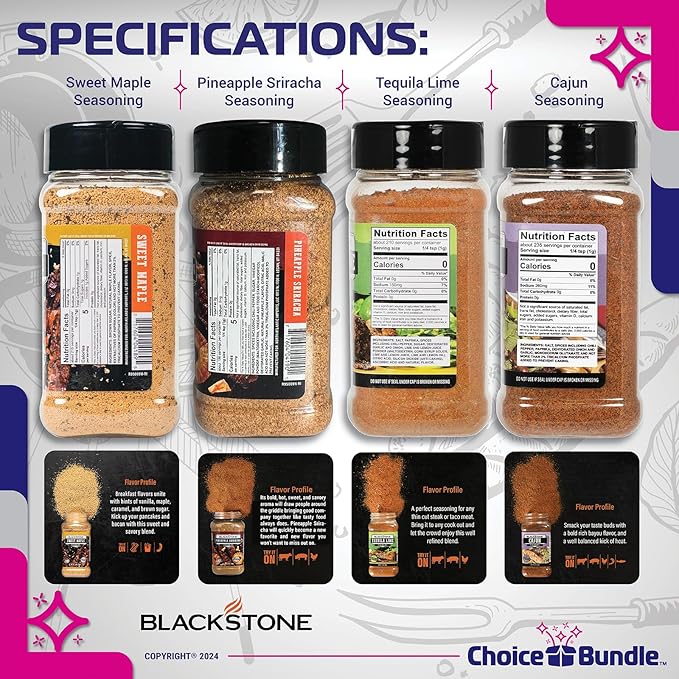 Blackstone Tequila Lime Sweet Maple Pineapple Sriracha Crazy Cajun Seasoning - Griddle Premium BBQ Barbecue Rub 4 Pk Choice Bundle (30.2 oz) + BBQ Guide &amp Opener (6 Items)!