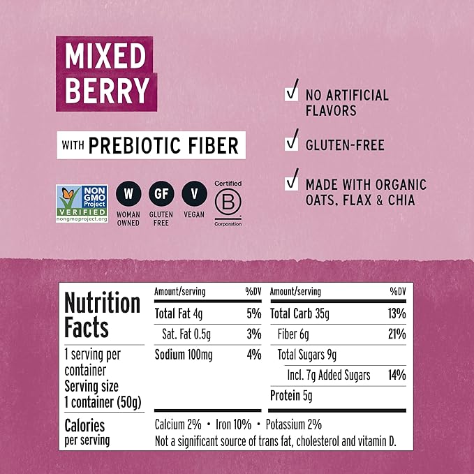 Purely Elizabeth Superfood Oatmeal Cup with Prebiotic Fiber Mixed Berry Vegan Friendly Organic Gluten Free &amp Non-GMO 1.76 Ounce (Pack of 12)