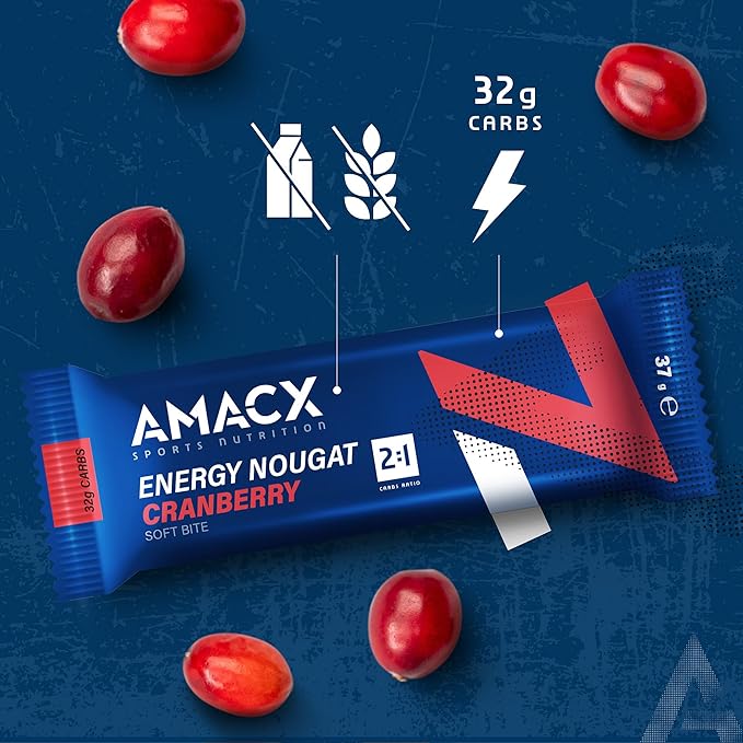 AMACX Energy Nougat Bar for Endurance Athletes – 12 x 37g – Healthy Snacks Fruit and Nut Bars – Sports Nutrition Power Bars – 2:1 Carbohydrates (32g) – Dairy- and Gluten-Free Snack Bars – Cranberry