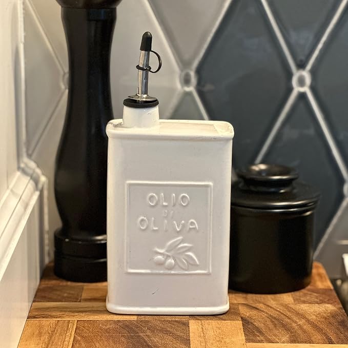 Fox Run White Ceramic Oil Can 17 oz/500 ML Olive Oil Dispenser With Pouring Spout and Cap