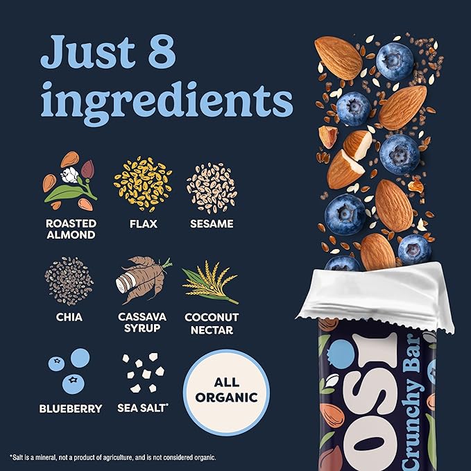 Tosi Nut Bars Almond Blueberry Healthy Snacks for Adults &amp Kids Plant Based Crunchy Bars (6G Protein) Organic Keto Snacks Vegan Gluten &amp Soy Free Low Sugar Omega 3s 1oz 12-Pack