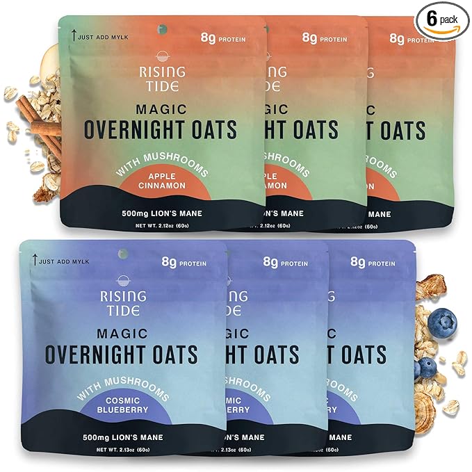 Mushroom Overnight Oats (6 Pack) Superfood Lions Mane Mushroom Chia &amp Flax Seed - Organic Protein Oatmeal - High Fiber Vegan Gluten Free Low Sugar - Easy Prep Plant Protein - Apple Cinnamon &a