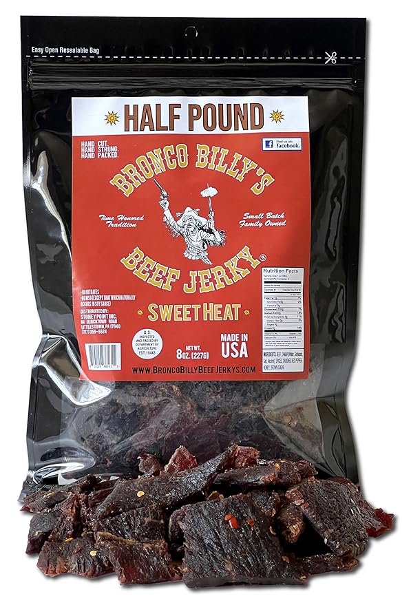 Bronco Billy's Beef Jerky Sweet Heat Half Pound Resealable Bag Spicy &amp Sweet Flavor Hand Cut Hand Strung Hand Packed Made in USA
