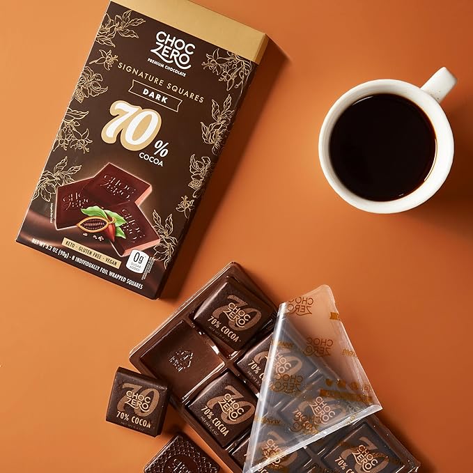 ChocZero 70% Cocoa Dark Chocolate Squares Sugar Free Vegan Low Carb High Fiber Keto Friendly No Sugar Alcohols (4 Count 3.2oz Boxes)