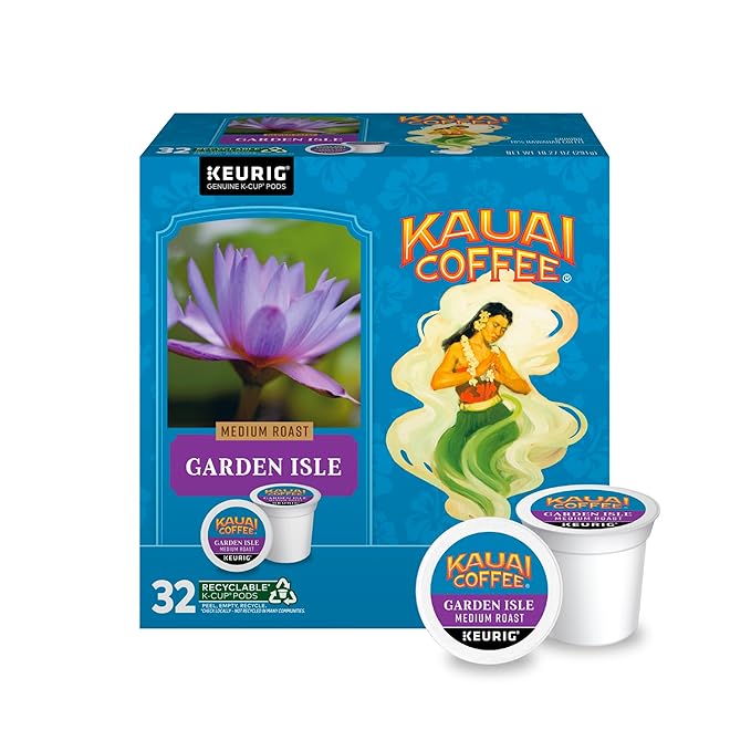 Kauai Coffee K-Cup Pods for Keurig Brewers – Arabica Coffee 10% Hawaiian – Medium Roast Bright Aroma With Light Floral Notes – Garden Isle 1 Pack of 32 Single Serve K-Cups