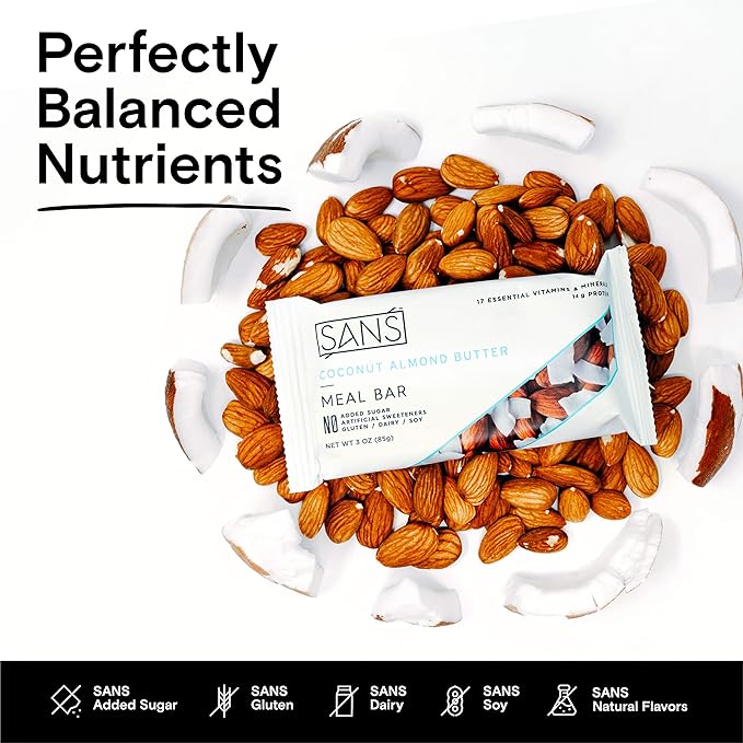 SANS Meal Replacement Protein Bar Gluten Free Healthy High Protein Snacks High Fiber No Sugar Added Dairy Free Soy Free Coconut Almond Butter 12 Bars