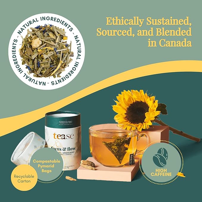 Tease Tea Yerba Mate - Focus &amp Flow Caffeinated Tea Brain Energy &amp Focus Blend with Yerba Mate Ginseng Ginkgo Spearmint &amp Citrus