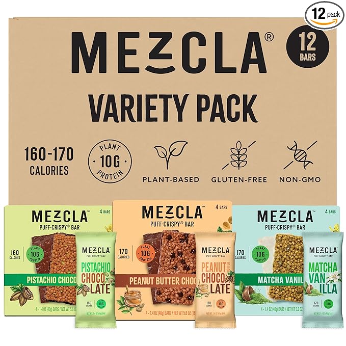 Mezcla Puff-Crispy Plant Based Protein Bars - Fan Favorites Pack - Healthy Snacks for Adults &amp Kids - Perfect School Travel &amp Office Snacks - Gluten Free Vegan Non GMO 10g Protein - 12 Co