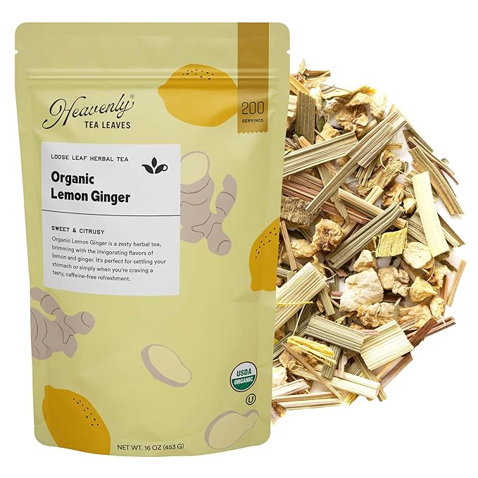 Heavenly Tea Leaves Organic Lemon Ginger Bulk Loose Leaf Herbal Tea 1 Lb. (Approx. 200 Servings) - Naturally Caffeine Free Premium Teas Perfect Hot or Iced!