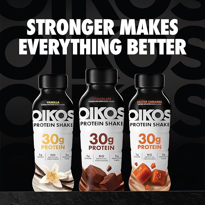 Oikos Protein Shake Exclusive Variety Pack 30g High Protein Drinks Shelf Stable Ready to Drink 5g Prebiotic Fiber 12 fl oz Bottle (8 ct Chocolate 4 ct Vanilla)