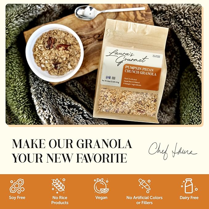 Laura's Gourmet Granola - Pumpkin Pecan Crunch - Gluten Soy &amp Dairy Free - Organic Premium Honey Pecan Halves &amp Spices Artisan Chef's Trifecta of Taste Texture &amp Mouthfeel - 16 OZ