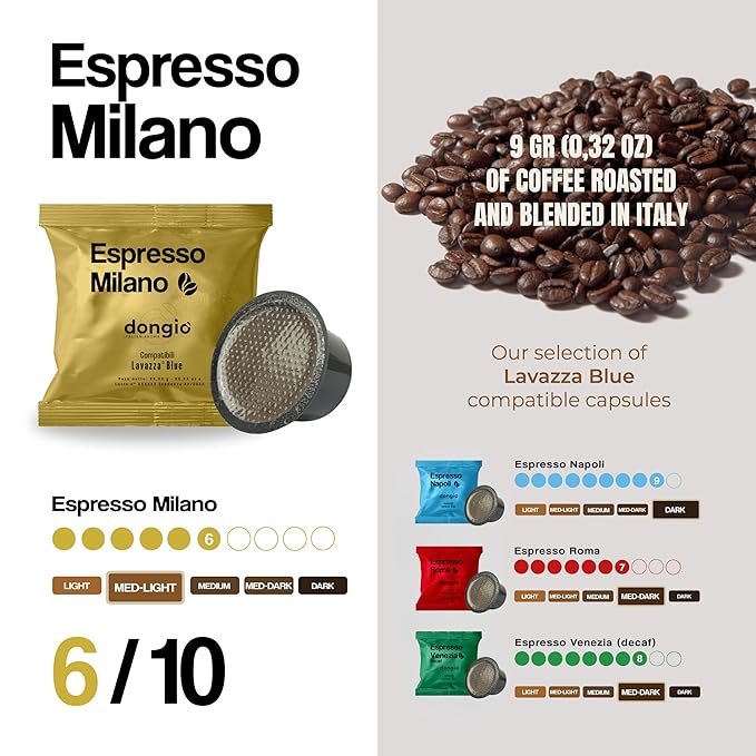 Dongiò Caffè Espresso Milano - 40 Capsules compatible with Lavazza Blue/Black systems Med-Light Roast Coffee (Intensity 6/10) - Roasted and Blended in Italy