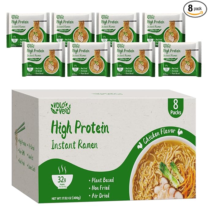 VOLO VERO High Protein (32g) Instant Ramen Chicken Flavor Noodles Soup Plant-Based Air-Dried Non-Fried Low Carb Egg-Free Ready to Eat Dairy Free Healthy Meal 8 Pack