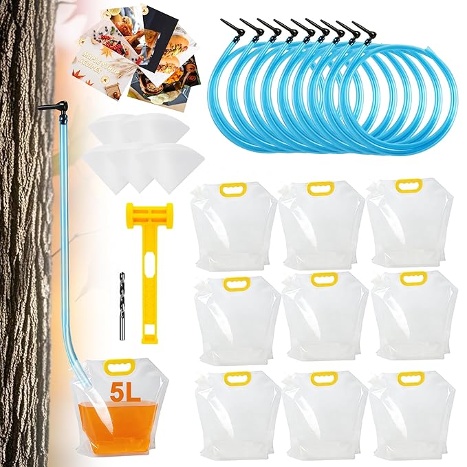 Maple Syrup Tree Tapping Kit with Bags 10 Maple Sap Taps 10 Food Grade 3ft Tubing 10 5L Bags 5 Syrup Filters Maple Birch Walnut Sugaring Starter Supplies Collection Gift for Experts or Beginners