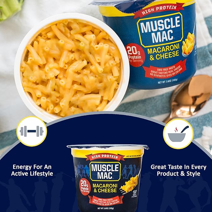 Muscle Mac Macaroni and Cheese Dinner with Real Cheese Microwaveable 20g of protein 3.6 oz per cup (Pack of 12)