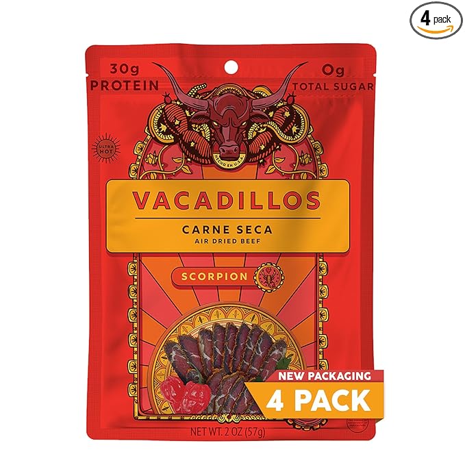 Vacadillos - High Protein Carne Seca | 30g Protein Sugar Free Carbs Free Gluten Free Dairy Free Keto &amp Paleo Friendly | Mexican Inspired Beef Jerky Snack | Scorpion Pack Of 4