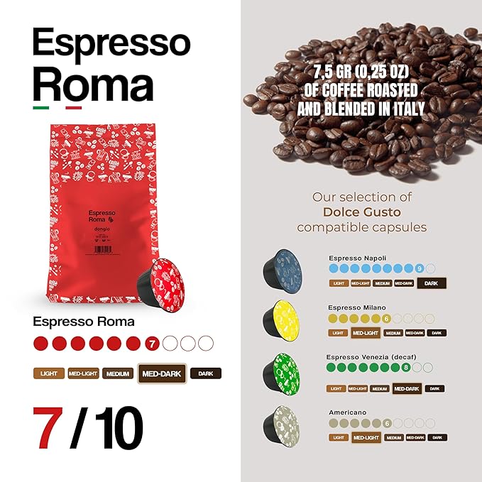 Dongiò Caffè Espresso Roma Capsules Compatible with Nescafe Dolce Gusto system 100 Count of Single-Serve Coffee pods (5 Boxes of 20 capsules each) Med-Dark Roast | Intensity 7/10