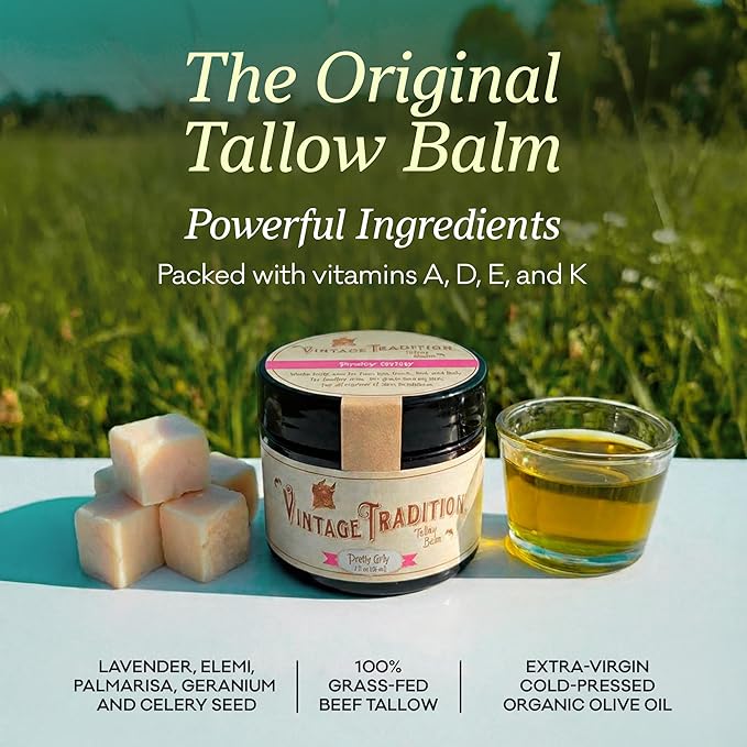 Vintage Tradition Beef Tallow All Purpose Balm – Healing Hydrating Floral Skin Care Salve Replaces Body Lotion Hand Cream More – Essential Oil Olive Oil and Grass-Fed Tallow 2 fl. oz.